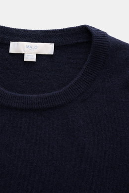 Malo Cashmere Rundhalspullover navy, Detailansicht von oben, reiner Cashmere, weicher Griff, feines Strickbild, Regular Fit, Rundhalsausschnitt, Rippbündchen.