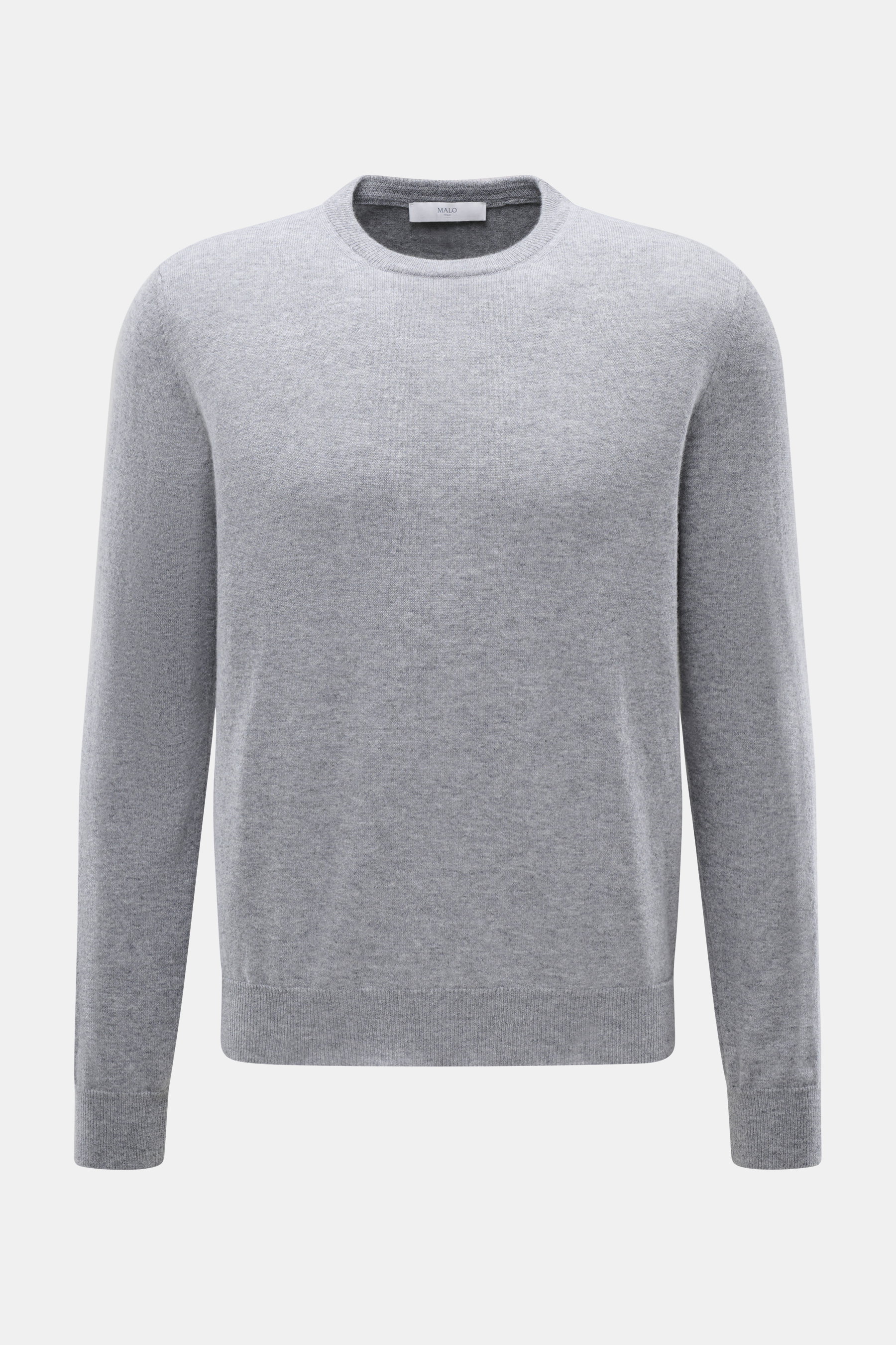 Malo Cashmere Crew Neck Sweater Grey Melange shown from front, made of pure cashmere with fine knit, regular fit, crew neckline, ribbed cuffs.