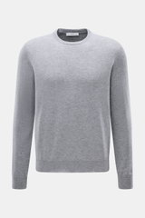 Malo Cashmere Rundhalspullover grau meliert, frontal fotografiert, feines Strickbild, Rundhalsausschnitt, Regular Fit, weicher Griff, Rippbündchen.