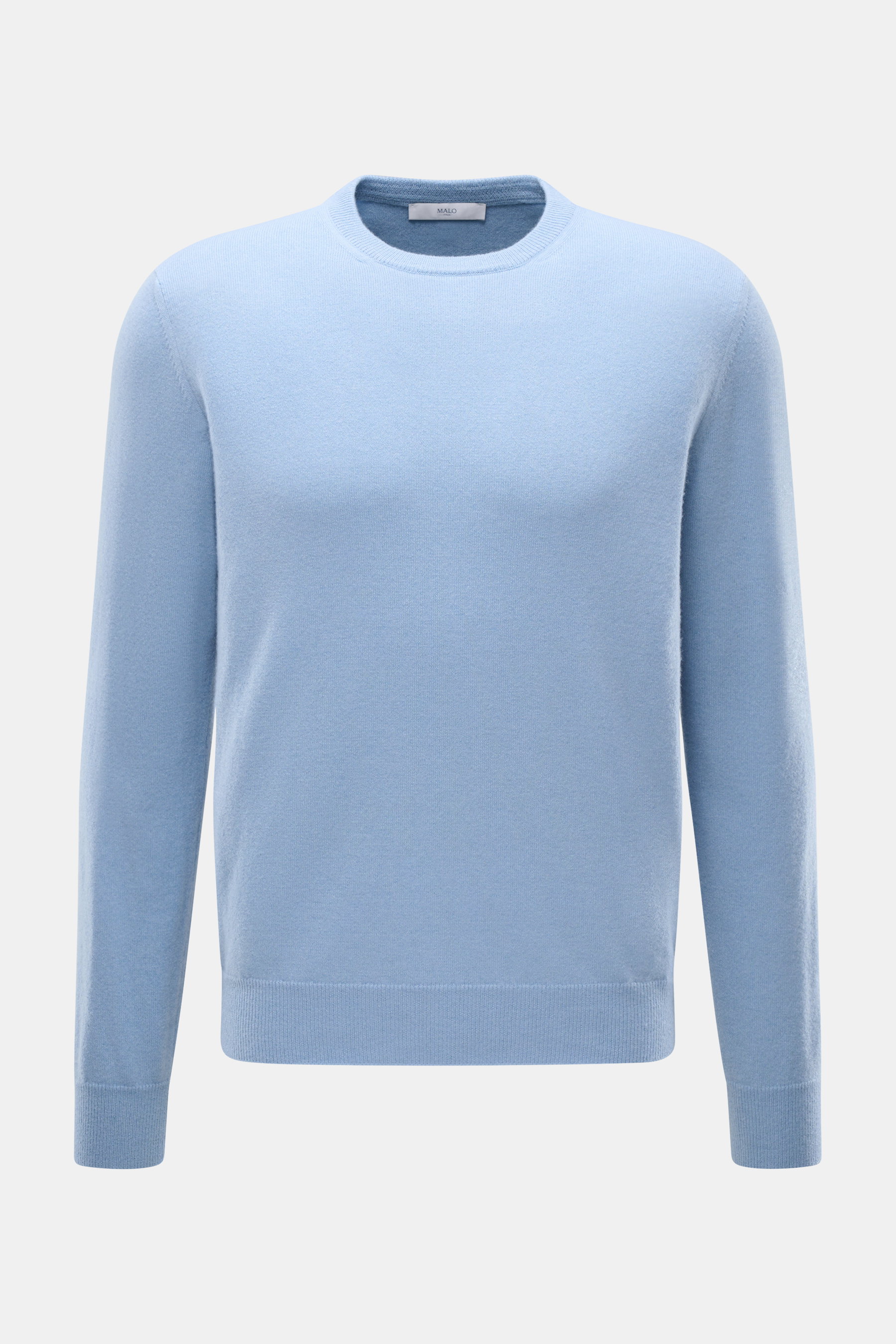 Malo Cashmere Crew Neck Sweater Light Blue Melange shown from front, pure cashmere, very soft touch, fine knit, regular fit, crew neckline, ribbed cuffs.