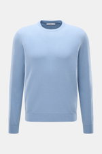 Malo Cashmere Rundhalspullover hellblau meliert, Frontansicht, reiner Cashmere, sehr weicher Griff, feines Strickbild, Regular Fit, Rundhalsausschnitt, Rippbündchen.