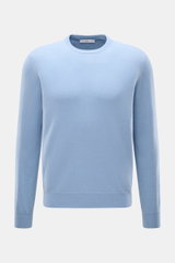 Malo Cashmere Rundhalspullover hellblau meliert, Frontansicht, reiner Cashmere, sehr weicher Griff, feines Strickbild, Regular Fit, Rundhalsausschnitt, Rippbündchen.
