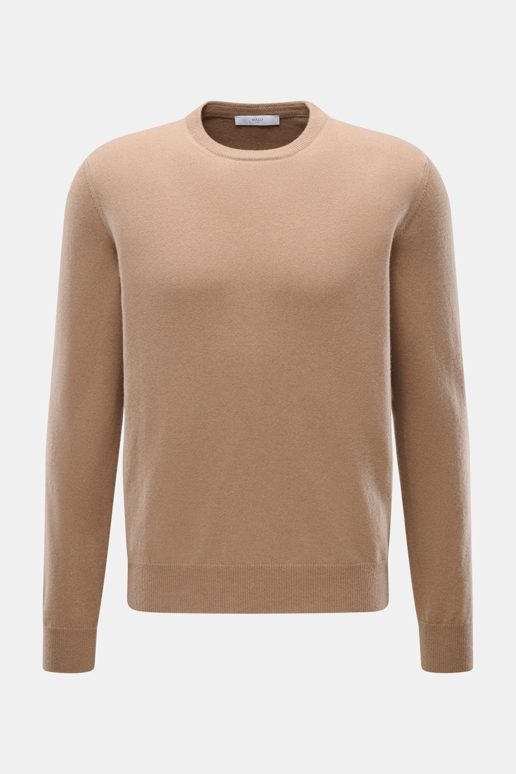 Malo Cashmere Crew Neck Sweater Light Brown shown from the front, pure cashmere with fine knit texture, crew neckline, ribbed cuffs, and regular fit, very soft feel, timeless luxury for the cold season with subtle elegance and highest wearing comfort.