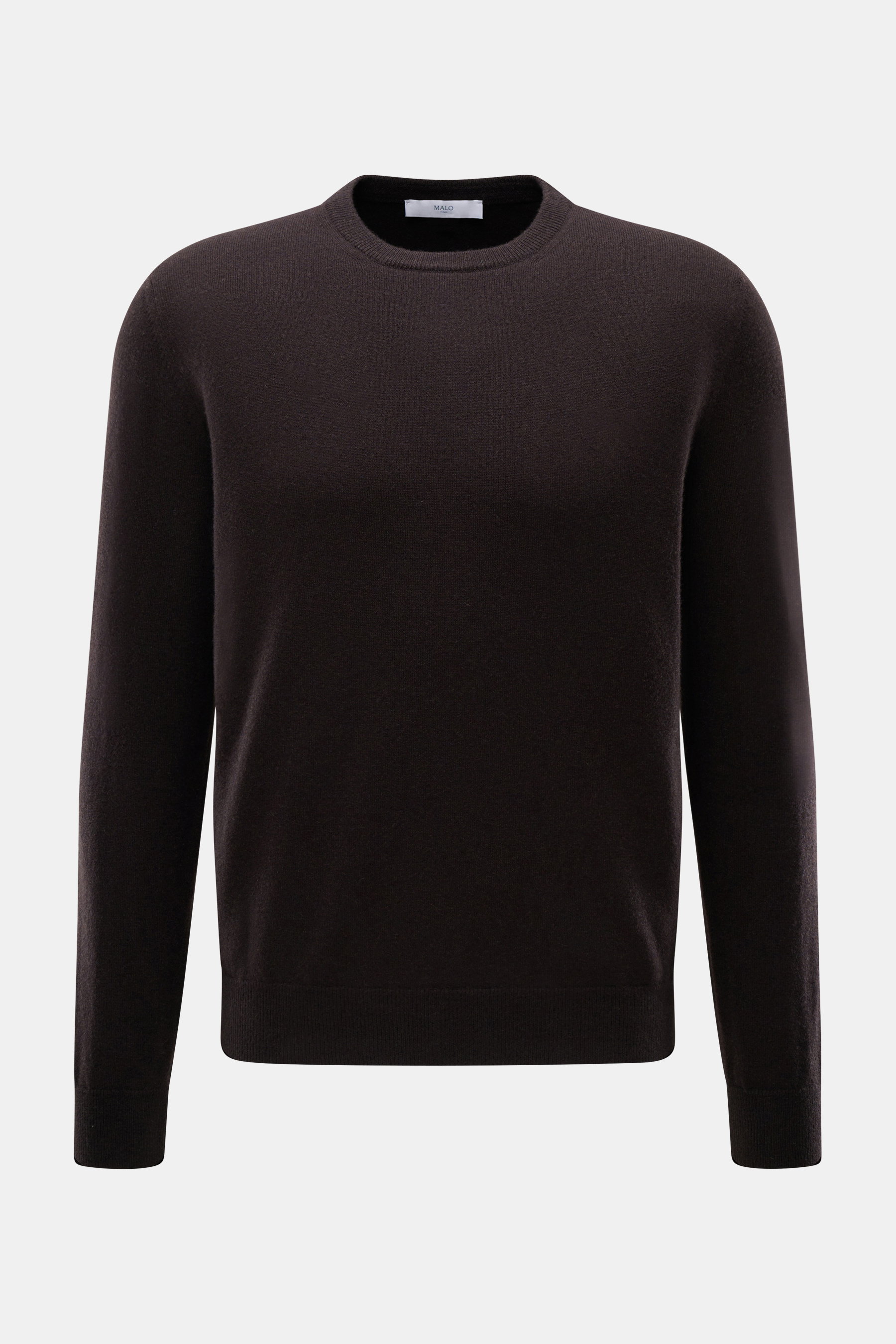 Malo Cashmere Crew Neck Sweater Dark Brown shown from front, pure cashmere, very soft touch, fine knit, regular fit, crew neckline, ribbed cuffs.