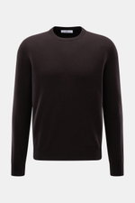 Malo Cashmere Rundhalspullover dunkelbraun, frontale Nahaufnahme, reiner Cashmere, weicher Griff, feines Strickbild, Regular Fit, Rundhalsausschnitt, Rippbündchen.