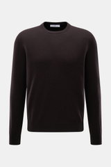 Malo Cashmere Rundhalspullover dunkelbraun, frontale Nahaufnahme, reiner Cashmere, weicher Griff, feines Strickbild, Regular Fit, Rundhalsausschnitt, Rippbündchen.