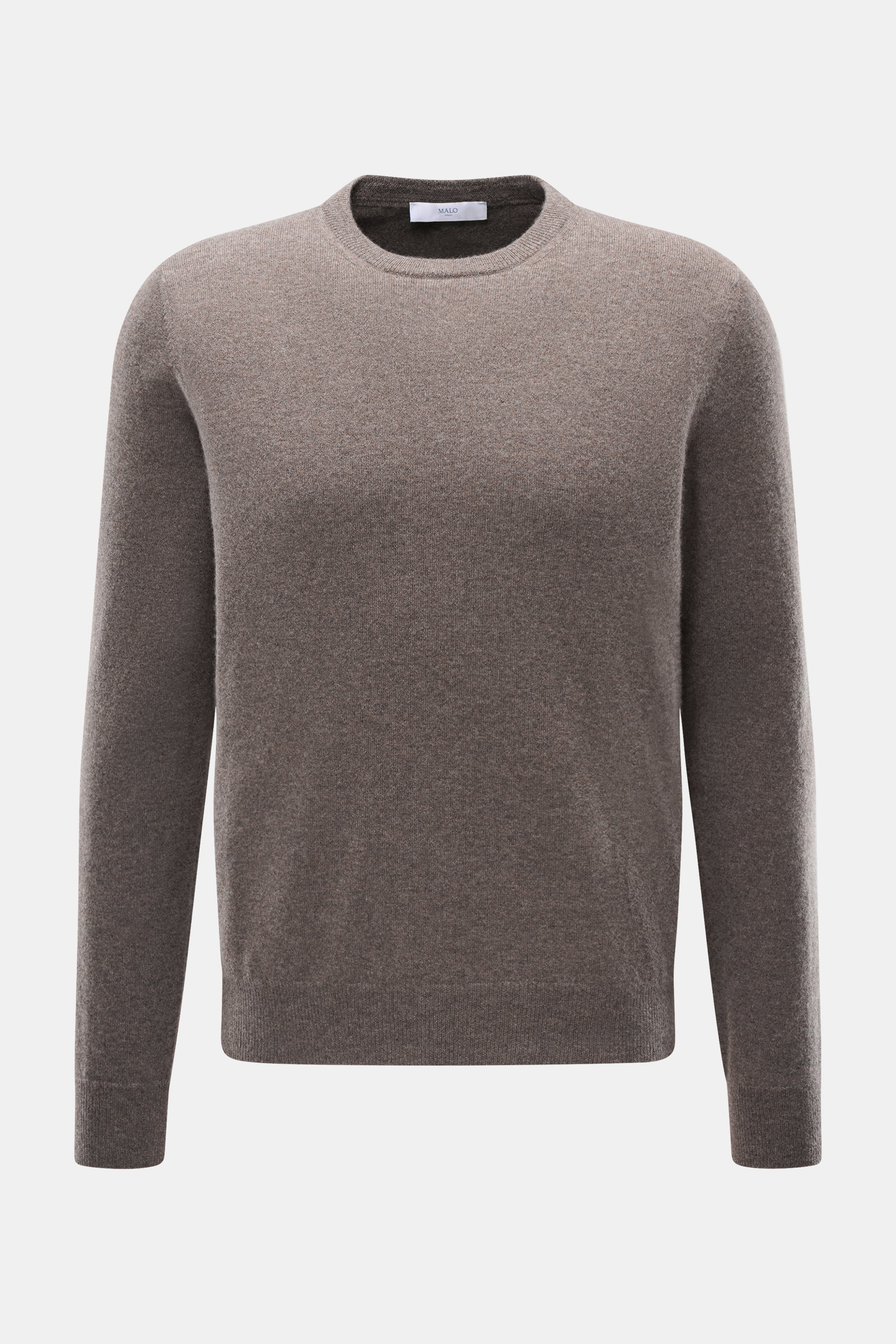 Malo Cashmere Crew Neck Sweater Grey Brown Melange shown from the front, pure cashmere, very soft feel, fine knit, regular fit, crew neckline, ribbed cuffs.