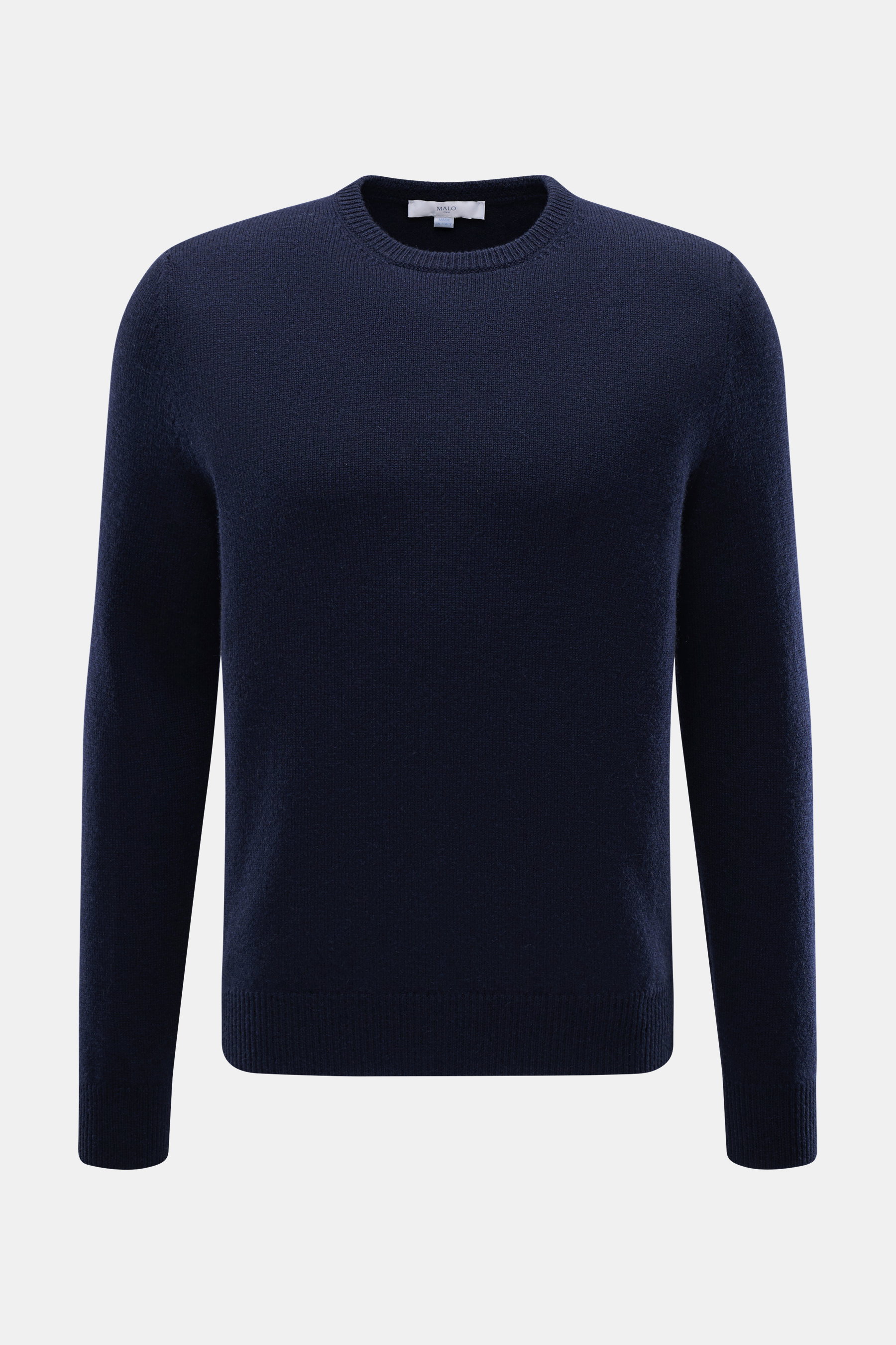 Front view of Malo Cashmere Crew Neck Sweater Navy, a slim fit pure cashmere sweater with medium-fine knit, crew neckline, and ribbed cuffs.

Description: <p>Minimalism in its finest form: This sweater from MALO made of pure cashmere stands for uncompromi