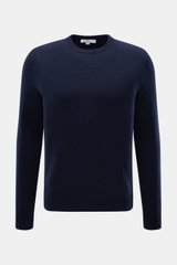 Malo Cashmere Rundhalspullover navy, frontal fotografiert, Slim Fit, reiner Cashmere, weicher Griff, mittelfeines Strickbild, Rundhalsausschnitt, breite Rippbündchen.