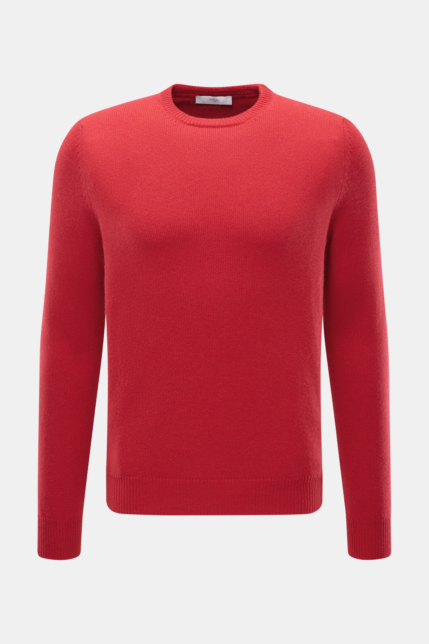 Front view of Malo Cashmere Crewneck Sweater Red in pure cashmere with slim fit, medium-fine knit, crew neckline, and ribbed cuffs.

Description:  
<p>Minimalism in its finest form: This sweater from MALO made of pure cashmere stands for uncompromising co