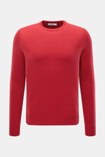 Malo Cashmere Rundhalspullover rot, frontal fotografiert, Slim Fit, reiner Cashmere, weicher Griff, mittelfeines Strickbild, Rundhalsausschnitt, breite Rippbündchen.