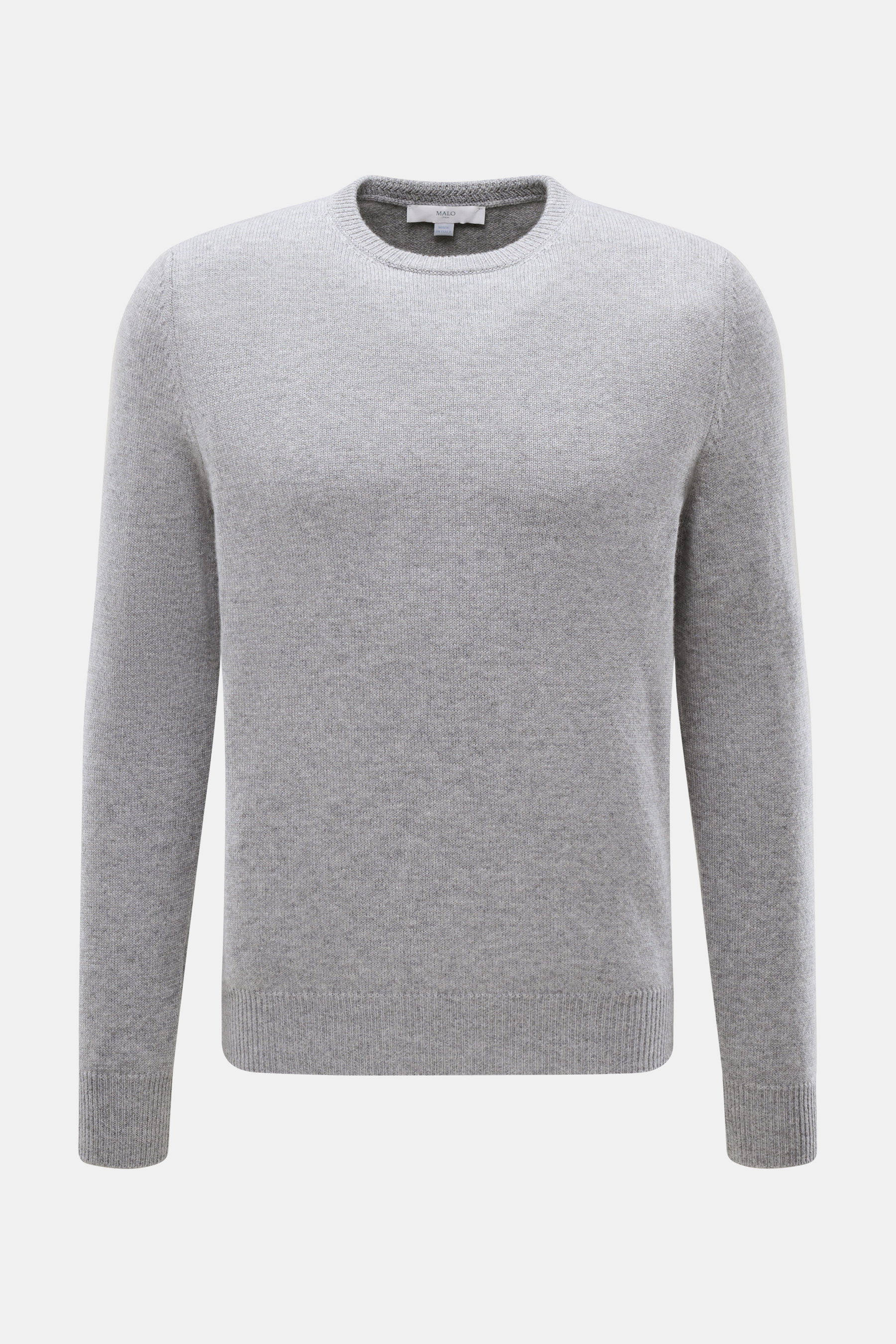 Malo Cashmere Crewneck Sweater Grey Melange shown from front, slim fit with pure cashmere, soft feel, medium-fine knit, ribbed cuffs, crew neckline.