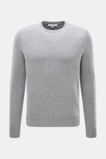 Malo Cashmere Rundhalspullover grau meliert, frontale Ansicht, Slim Fit, reiner Cashmere, weicher Griff, mittelfeines Strickbild, Rundhalsausschnitt, Rippbündchen.