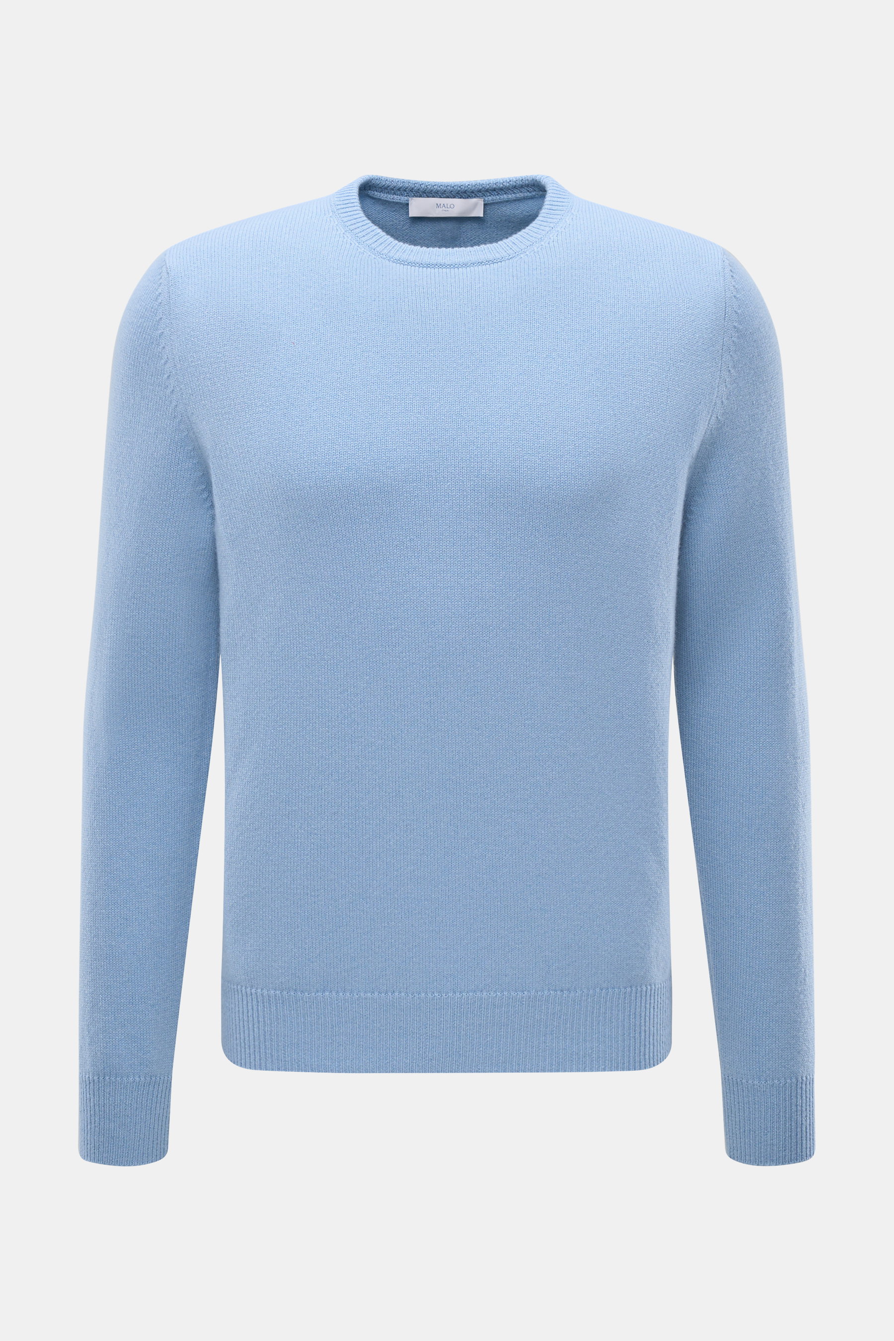Malo Cashmere Crewneck Sweater Light Blue shown front view, pure cashmere, soft touch, medium-fine knit, slim fit, crew neckline, ribbed cuffs.