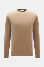 Malo Cashmere Rundhalspullover hellbraun, Slim Fit, mittelfeines Strickbild, weicher Griff, Rundhalsausschnitt, Rippbündchen, Frontansicht minimalistisch.
