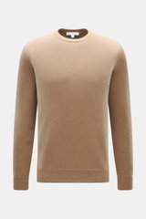 Malo Cashmere Rundhalspullover hellbraun, Slim Fit, mittelfeines Strickbild, weicher Griff, Rundhalsausschnitt, Rippbündchen, Frontansicht minimalistisch.