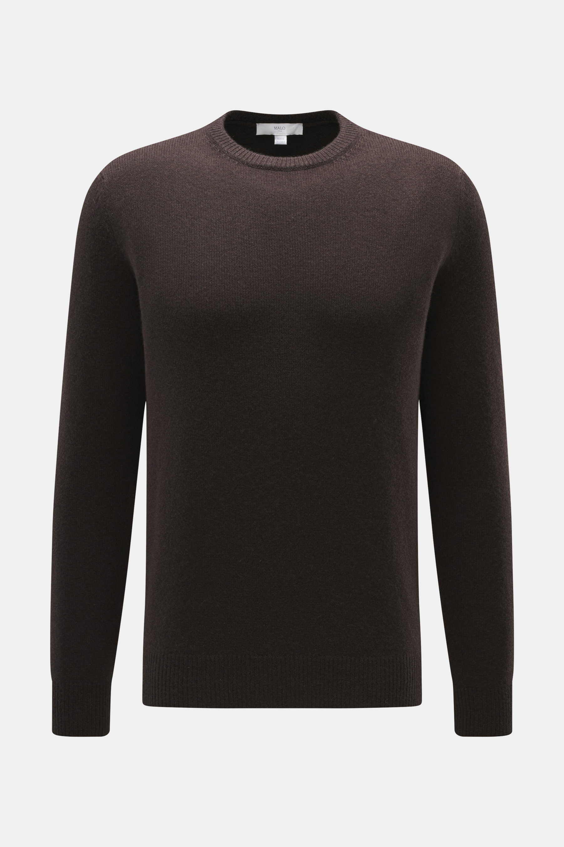 Malo Cashmere Rundhalspullover dunkelbraun, Slim Fit, mittelfeines Strickbild, weicher Griff, Rundhalsausschnitt, Rippbündchen, frontal fotografiert.