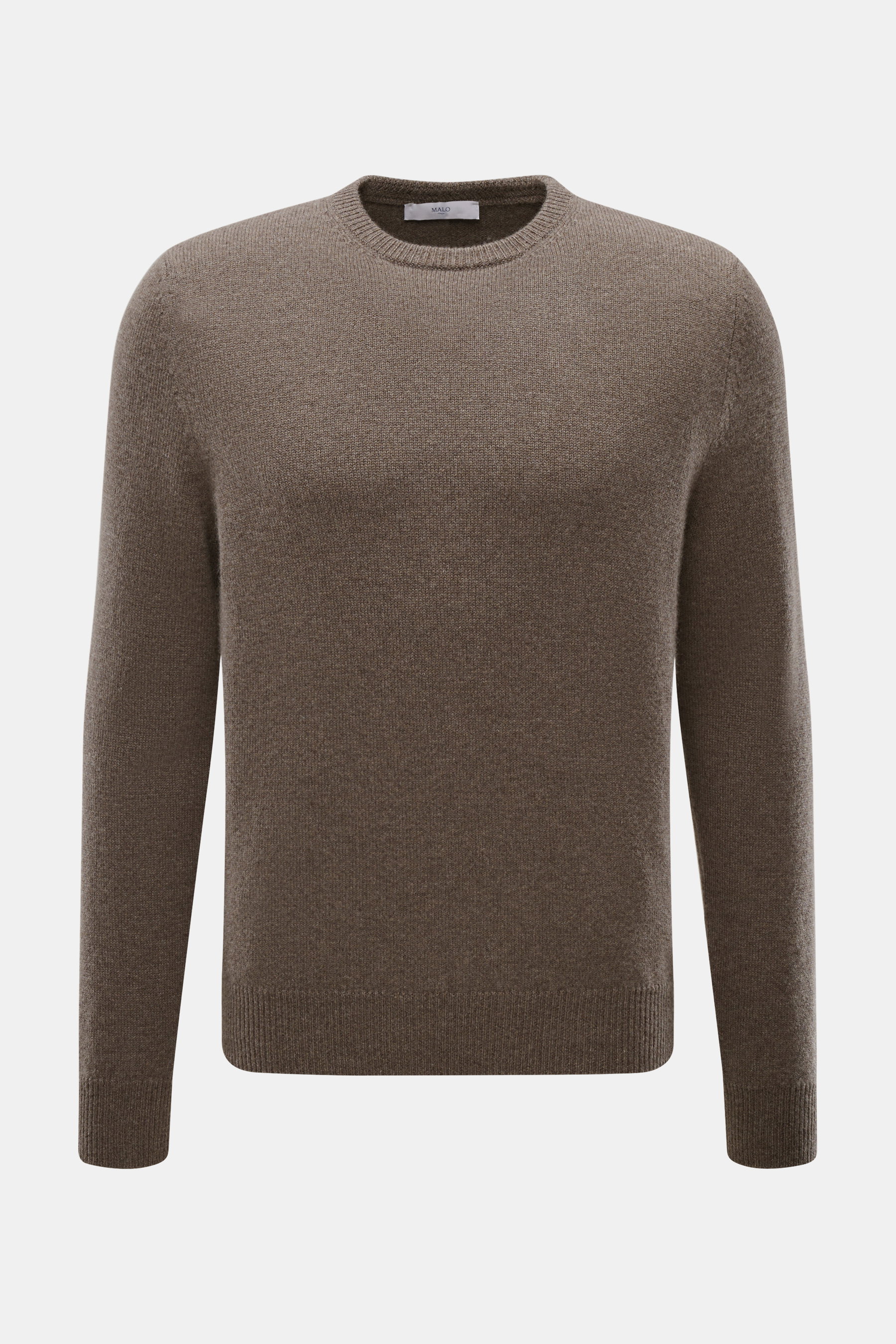 Malo Cashmere Crewneck Sweater Grey Brown Mélange shown from front, slim fit, pure cashmere, soft feel, medium-fine knit, ribbed cuffs, crew neckline.