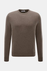 Malo Cashmere Rundhalspullover graubraun meliert, Slim Fit, mittelfeines Strickbild, Rundhalsausschnitt, Rippbündchen, frontale Nahaufnahme.