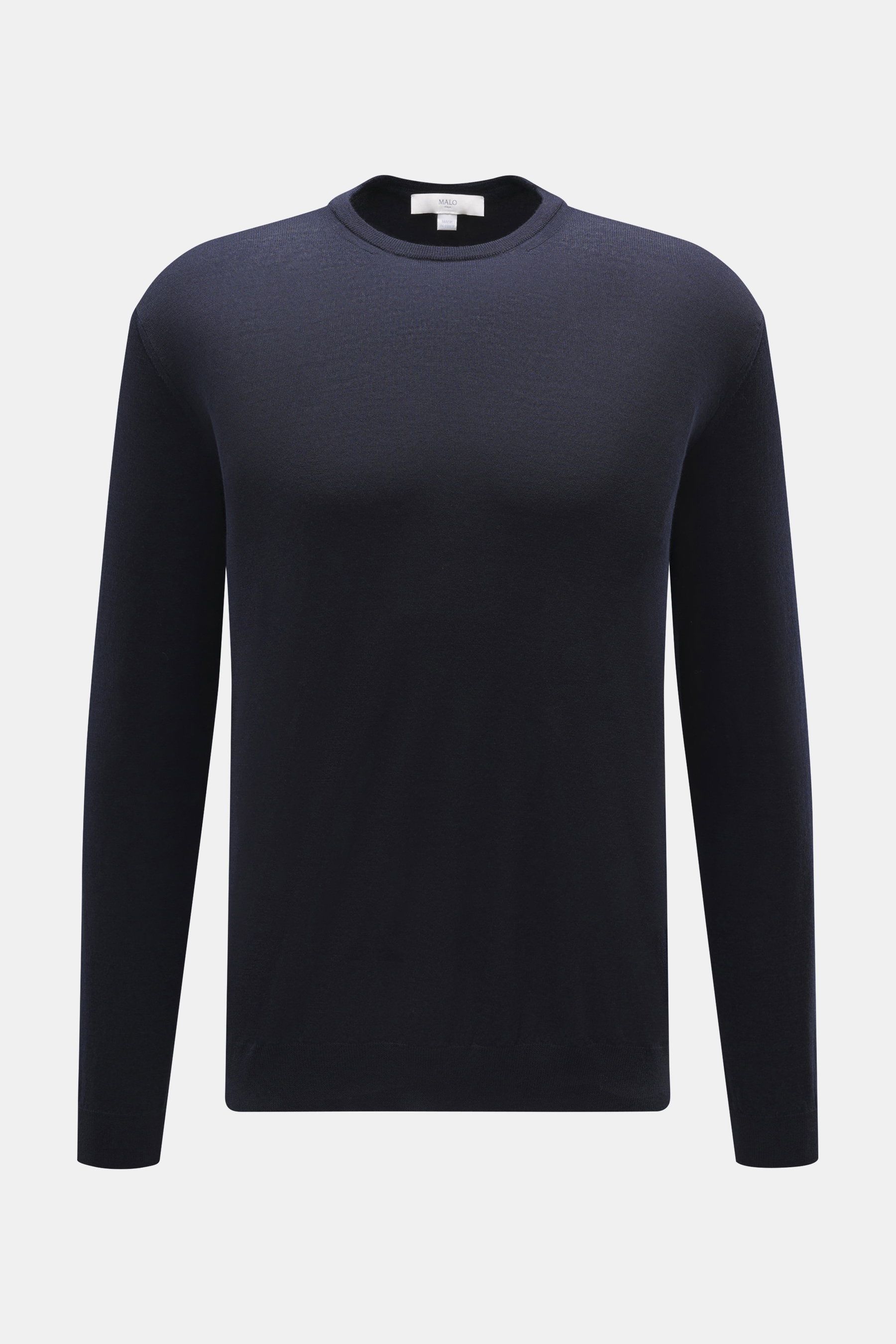 Malo Feinstrick Rundhalspullover navy, Frontperspektive, reine Schurwolle, weicher Griff, leichte Qualität, feines Strickbild, Regular Fit, Rundhals, Rippbündchen, Made in Italy.
