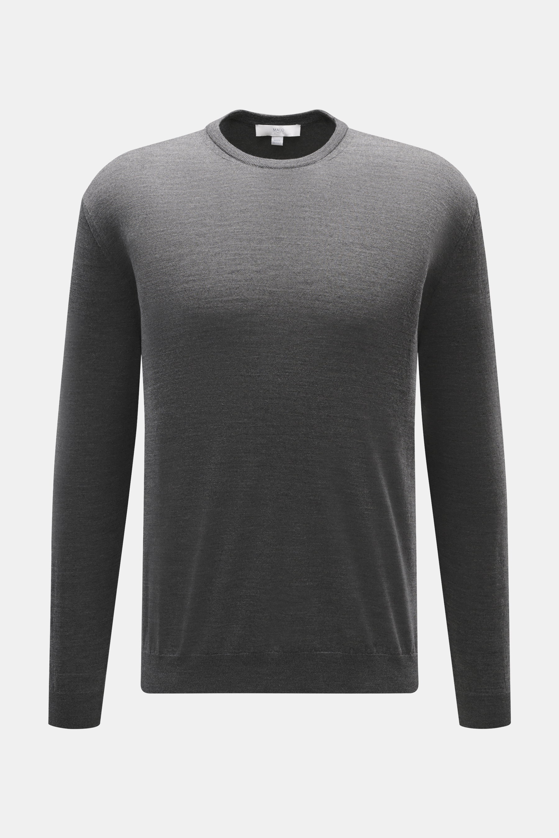 Malo Feinstrick Rundhalspullover grau meliert, frontal fotografiert, reine Schurwolle, weicher Griff, leichte Qualität, feines Strickbild, Regular Fit, Rundhalsausschnitt, Rippbündchen, Made in Italy.