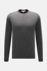 Malo Feinstrick Rundhalspullover grau meliert, frontal fotografiert, reine Schurwolle, weicher Griff, leichte Qualität, feines Strickbild, Regular Fit, Rundhalsausschnitt, Rippbündchen, Made in Italy.