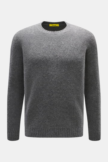 Drumohr Rundhalspullover grau meliert, Frontansicht, reine Lammwolle, sehr soft, feines Strickbild, Regular Fit, Rundhalsausschnitt, Rippbündchen.