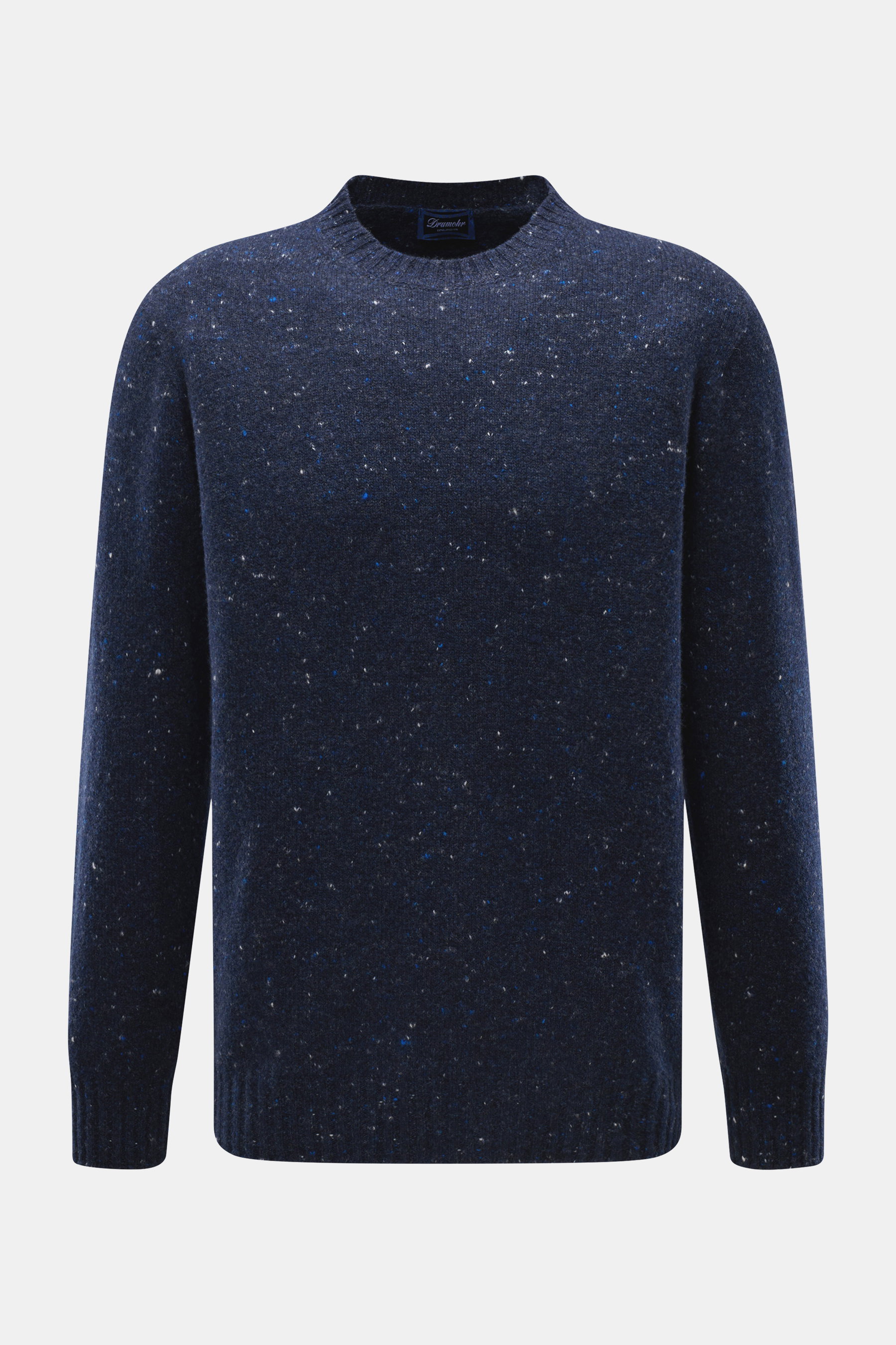Drumohr Rundhalspullover navy meliert, Frontansicht, Slim Fit, mittelfeines Strickbild, Rundhalsausschnitt, weich, aus Schurwolle, Cashmere, Microfaser.