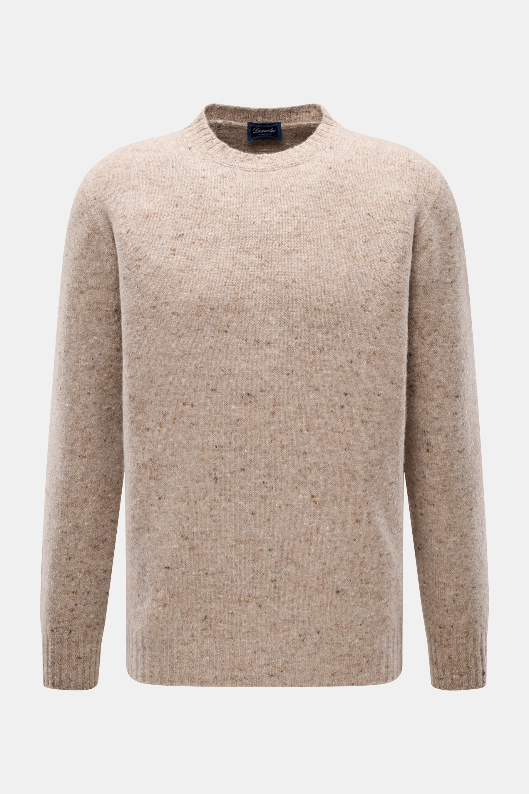 Drumohr Rundhalspullover beige meliert, Slim Fit, mittelfeines Strickbild, Rundhalsausschnitt, flexible Rippbündchen, frontal aufgenommen, Luxus aus Schurwolle, Cashmere, Microfaser.