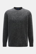 Drumohr Rundhalspullover dunkelgrau meliert, Frontansicht, Slim Fit, Rundhalsausschnitt, weicher Strick aus Schurwolle, Cashmere, Microfaser, flexible Rippbündchen, mittelfeines Strickbild.