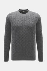Drumohr Cashmere Rundhalspullover dunkelgrau meliert, frontal aus mittlerer Entfernung, Slim Fit, Zopfstrick, weicher Griff, Rundhalsausschnitt, flexible Rippbündchen.