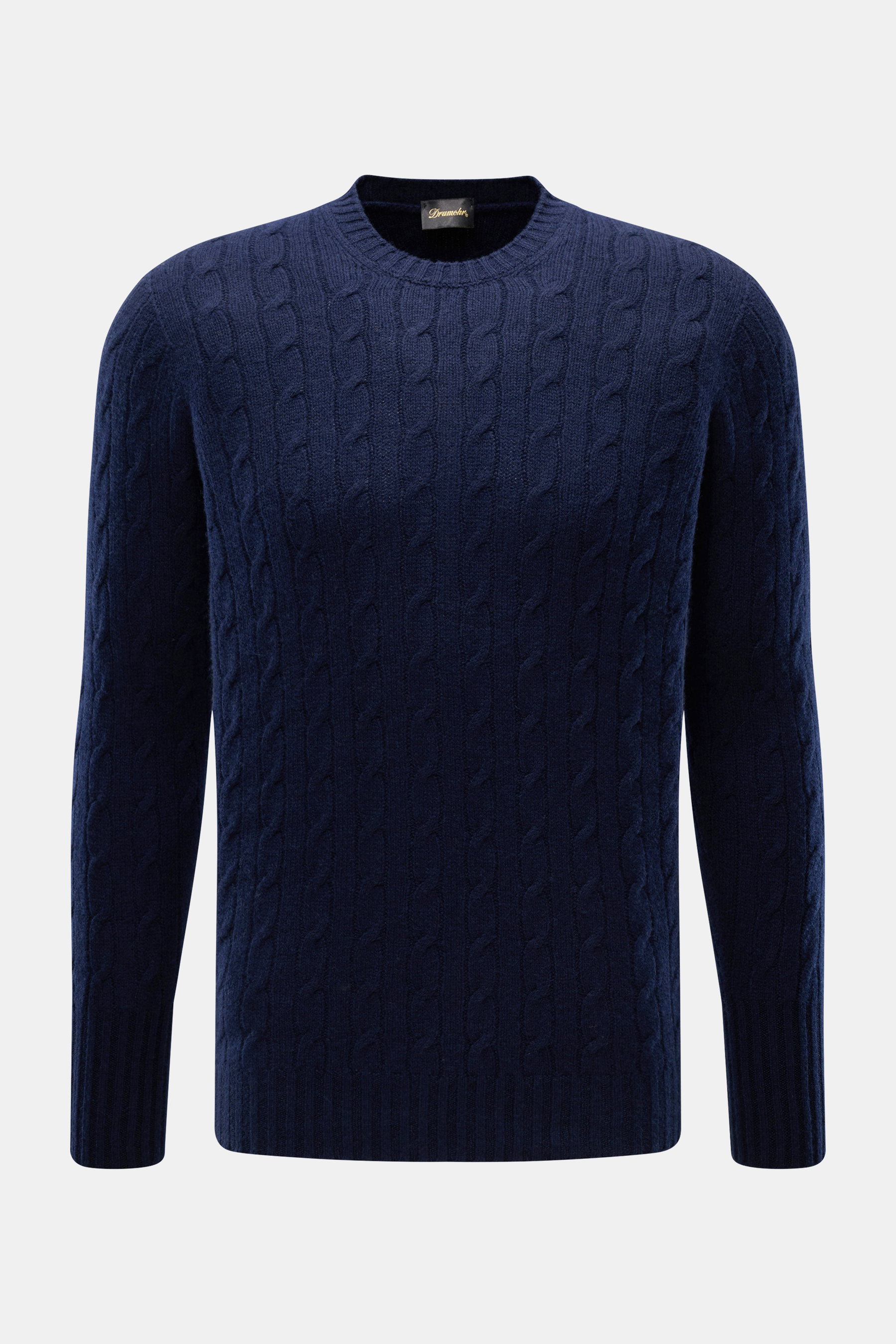 Drumohr Cashmere Rundhalspullover navy, frontale Nahaufnahme, klassisches Zopfstrickmuster, reiner Cashmere, Slim Fit, Rundhalsausschnitt, flexible Rippbündchen, sehr weicher Griff.