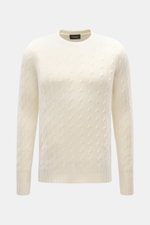 Drumohr Cashmere Rundhalspullover creme, frontal fotografiert, mit klassischem Zopfstrickmuster, Slim Fit, Rundhalsausschnitt, reiner Cashmere, sehr weich.