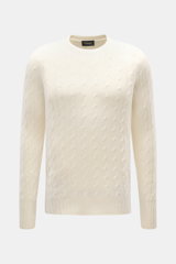 Drumohr Cashmere Rundhalspullover creme, frontal fotografiert, mit klassischem Zopfstrickmuster, Slim Fit, Rundhalsausschnitt, reiner Cashmere, sehr weich.