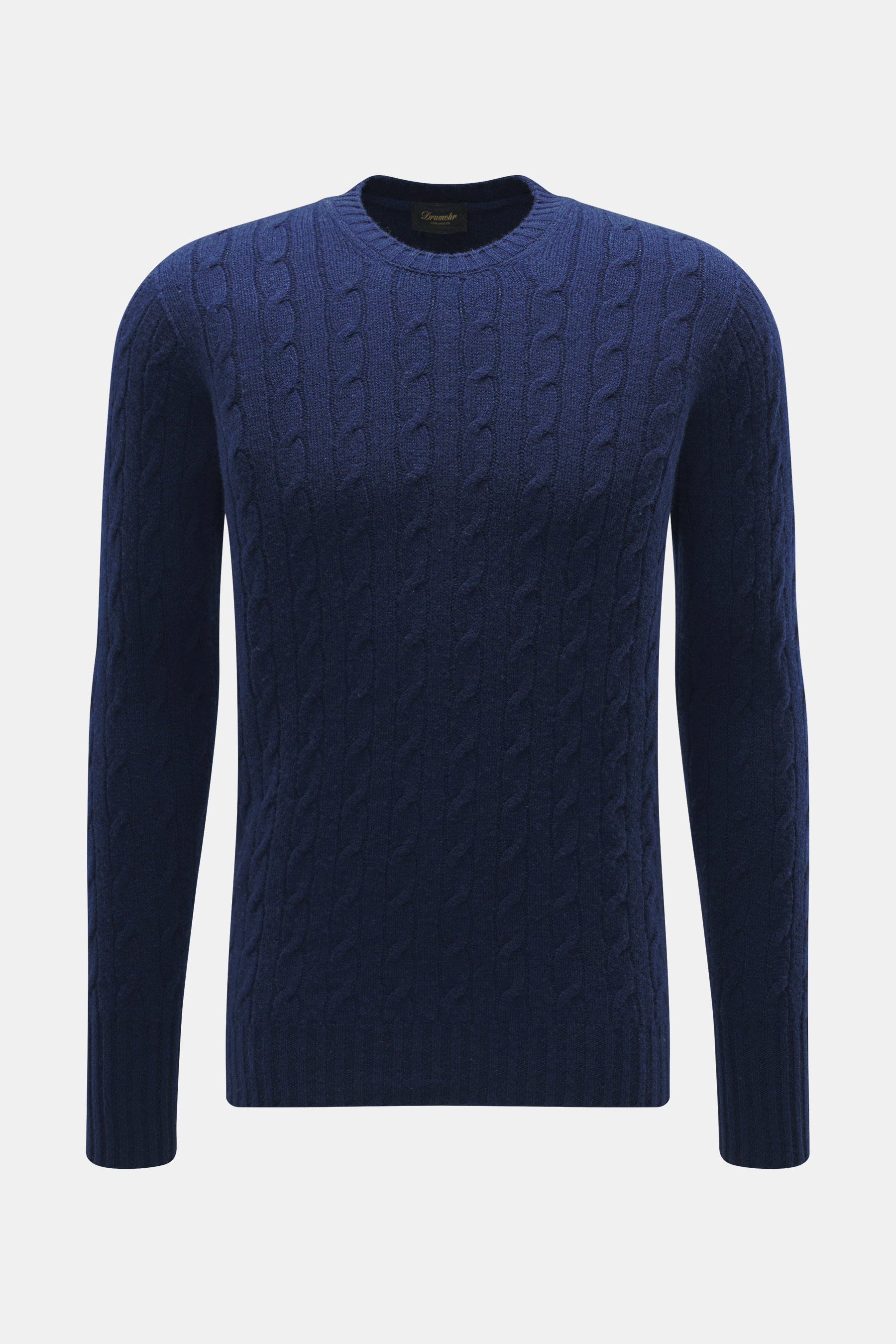 Front view of Drumohr Cashmere crew neck sweater dark blue, pure cashmere, very soft touch, classic cable knit, slim fit, crew neckline, ribbed cuffs.
