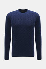 Front view of Drumohr Cashmere crew neck sweater dark blue, pure cashmere, very soft touch, classic cable knit, slim fit, crew neckline, ribbed cuffs.