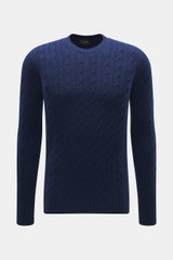 Front view of Drumohr Cashmere crew neck sweater dark blue, pure cashmere, very soft touch, classic cable knit, slim fit, crew neckline, ribbed cuffs.