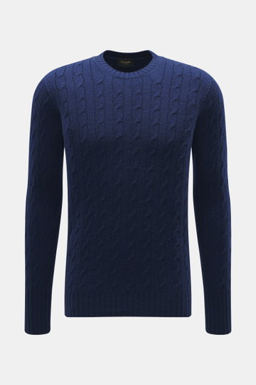 Drumohr Cashmere Rundhalspullover dunkelblau, Slim Fit mit Zopfstrickmuster, Rundhalsausschnitt, flexible Rippbündchen, frontal fotografiert.