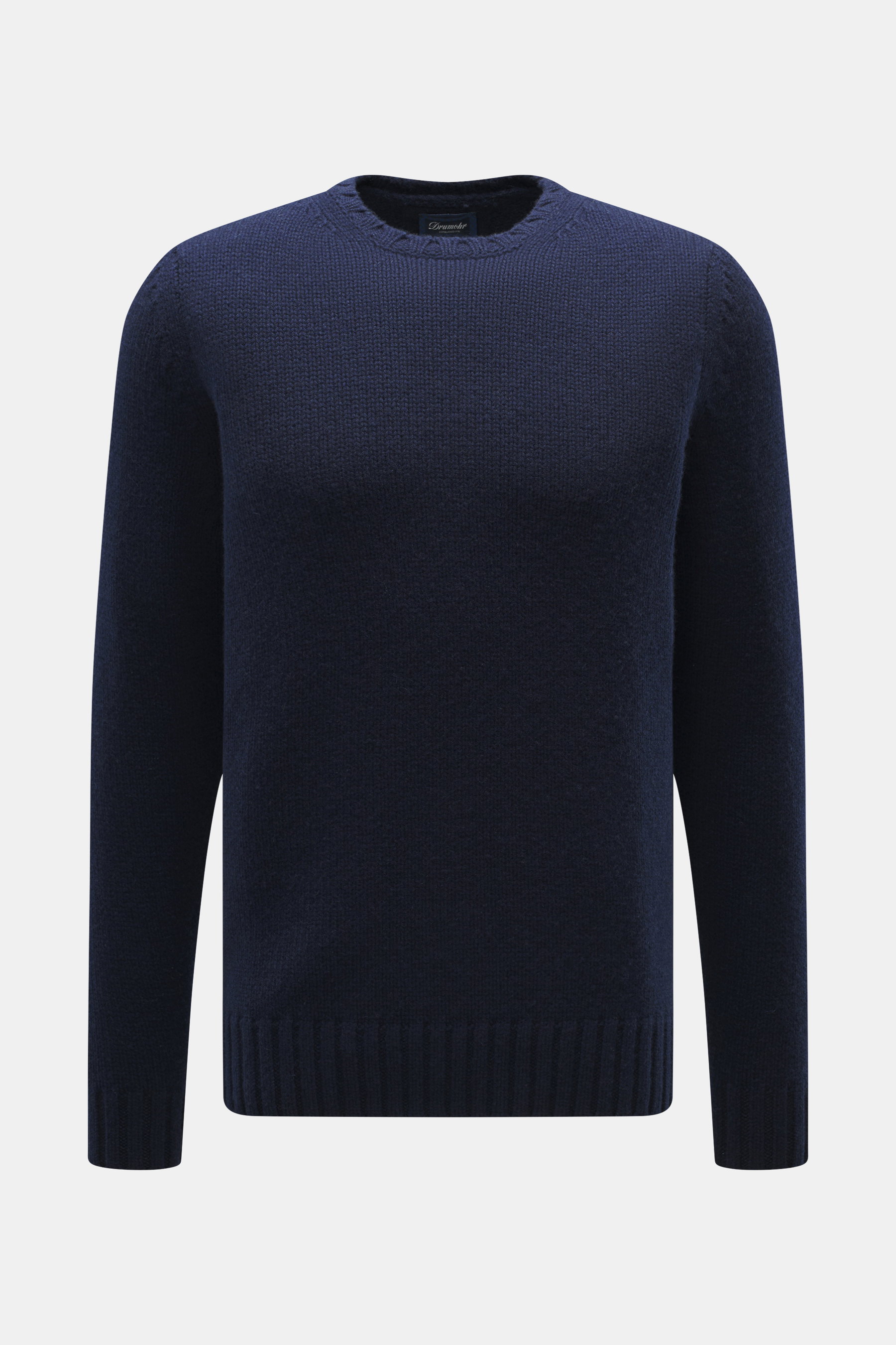 Front view of Drumohr Cashmere crew neck jumper navy in chunky knit with rib-knit cuffs, slim fit, and pure cashmere texture.

Description: <p>Stay comfortably warm through the autumn/winter season with this ultra-soft crew neck sweater made from chunky c