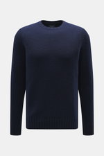 Drumohr Cashmere Rundhalspullover navy, frontal fotografiert, ultrasoft, grobes Strickbild, Slim Fit, Rundhalsausschnitt, reine Cashmere-Qualität, flexible Rippbündchen.