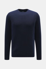 Drumohr Cashmere Rundhalspullover navy, frontal fotografiert, ultrasoft, grobes Strickbild, Slim Fit, Rundhalsausschnitt, reine Cashmere-Qualität, flexible Rippbündchen.