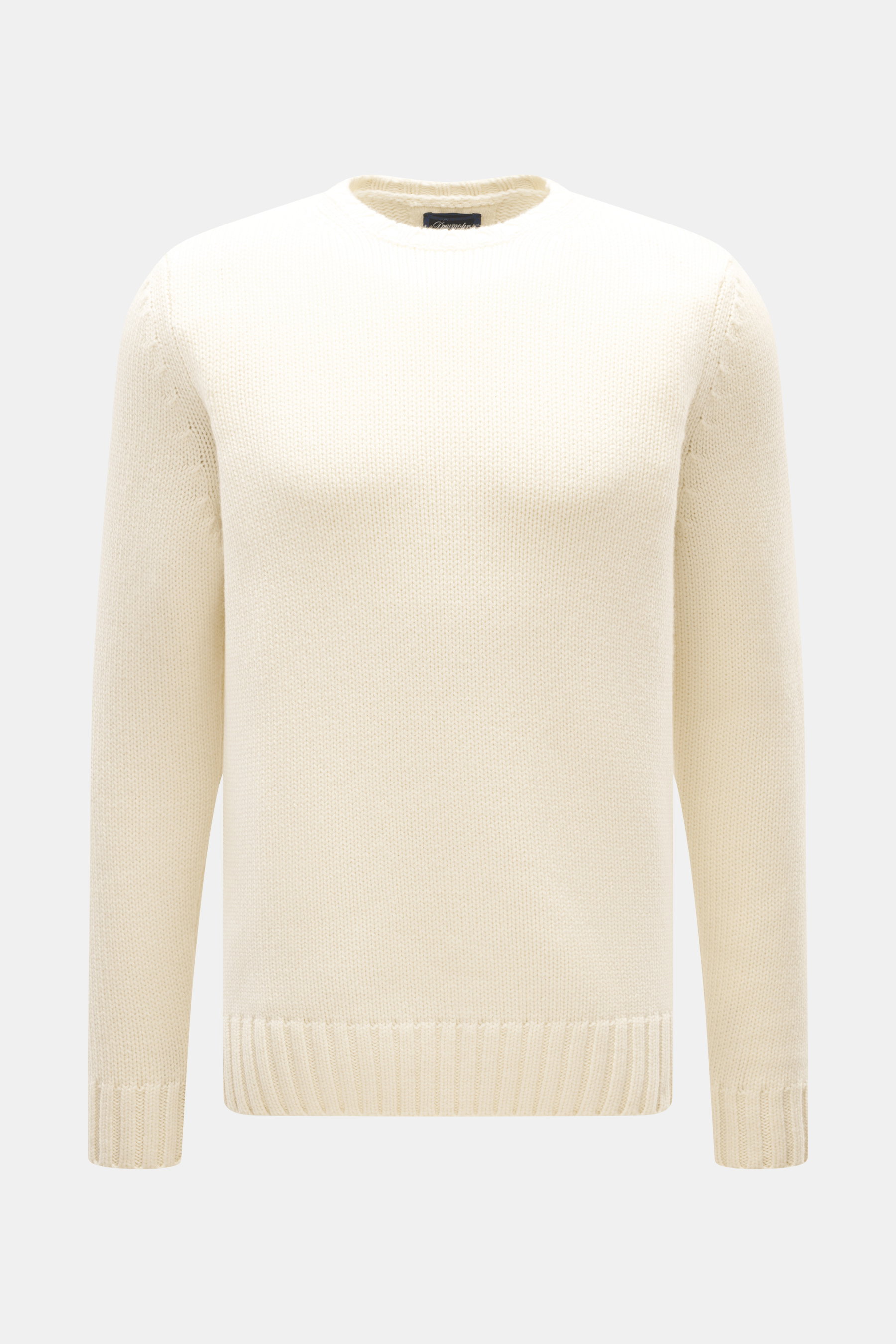 Front-facing view of the Drumohr Cashmere crew neck jumper cream, a slim fit pure cashmere sweater with chunky knit, rib-knit cuffs, and crew neck.