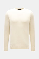 Drumohr Cashmere Rundhalspullover creme, frontal fotografiert, grober Strick, Slim Fit, Rundhalsausschnitt, flexible Rippbündchen, reiner Cashmere, sehr weich.