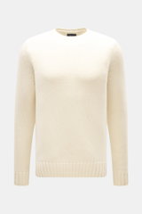 Drumohr Cashmere Rundhalspullover creme, frontal fotografiert, grober Strick, Slim Fit, Rundhalsausschnitt, flexible Rippbündchen, reiner Cashmere, sehr weich.