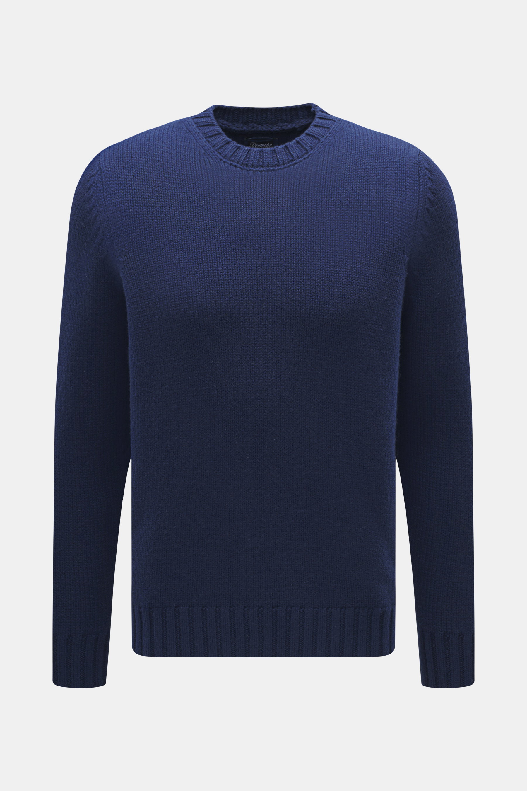 Front view of Drumohr Cashmere Crew Neck Sweater Dark Blue, pure cashmere, chunky knit, slim fit, crew neckline, ribbed cuffs, soft touch.