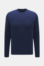 Front view of Drumohr Cashmere Crew Neck Sweater Dark Blue, pure cashmere, chunky knit, slim fit, crew neckline, ribbed cuffs, soft touch.