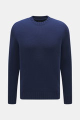 Front view of Drumohr Cashmere Crew Neck Sweater Dark Blue, pure cashmere, chunky knit, slim fit, crew neckline, ribbed cuffs, soft touch.