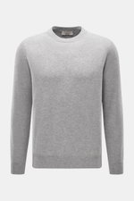 Front view of Fioroni Cashmere Crewneck Sweater grey melange, featuring pure baby cashmere, very soft feel, fine knit pattern, slim fit, crew neckline, and flexible ribbed cuffs.