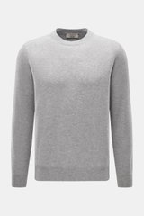 Front view of Fioroni Cashmere Crewneck Sweater grey melange, featuring pure baby cashmere, very soft feel, fine knit pattern, slim fit, crew neckline, and flexible ribbed cuffs.