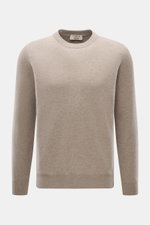 Front view of Fioroni Cashmere Crewneck Sweater beige melange, pure baby cashmere, very soft feel, fine knit pattern, slim fit, crew neckline, flexible ribbed cuffs.